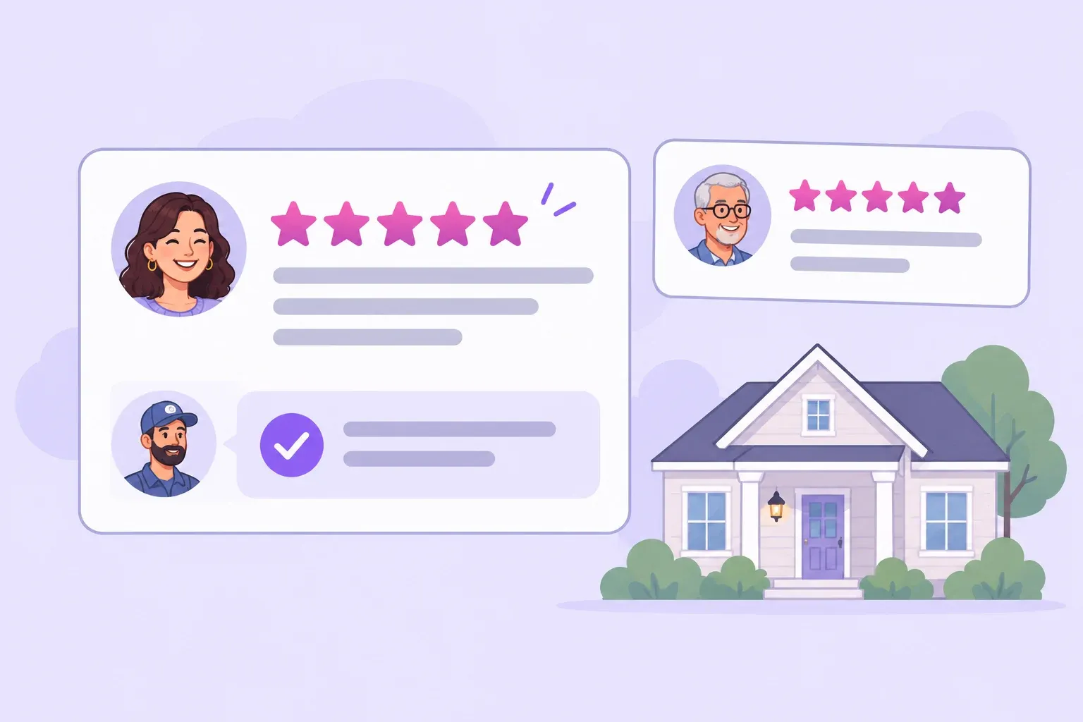 Two customer review cards with star ratings and a small house on a lavender background.