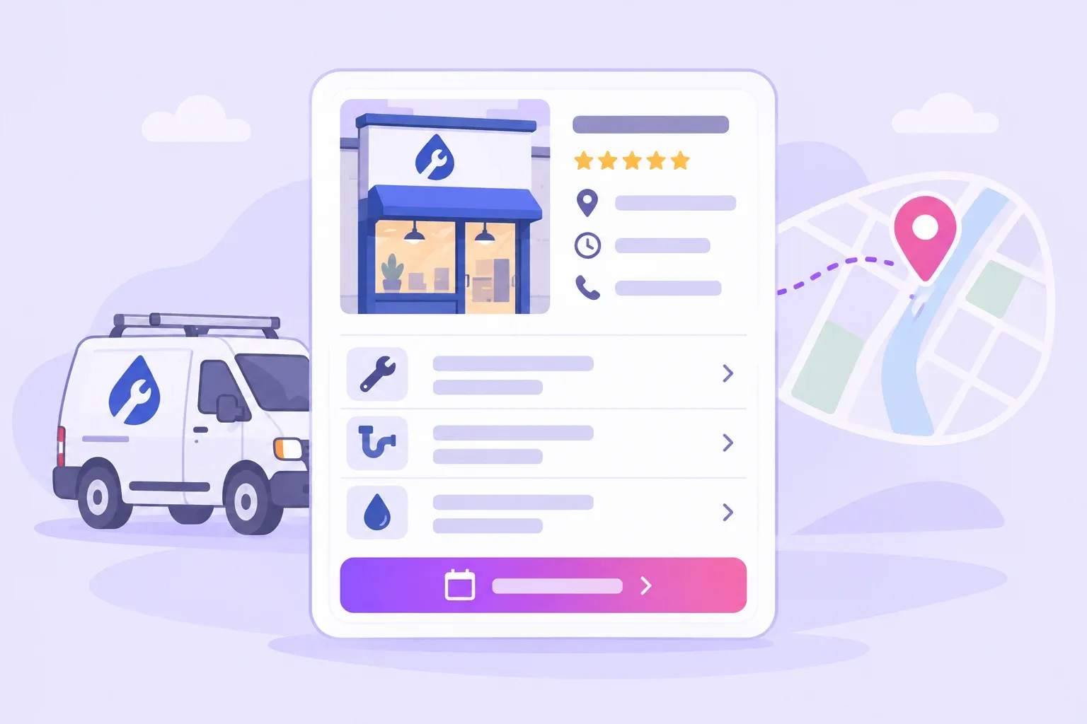 A business profile card with a storefront, service van, and map pin on a lavender background.