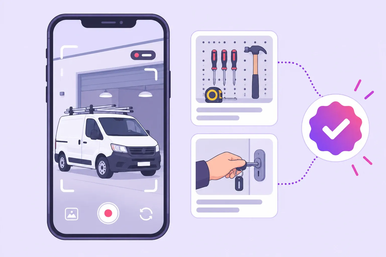 A phone showing a service van and workshop beside tool and key tiles and a verification check.