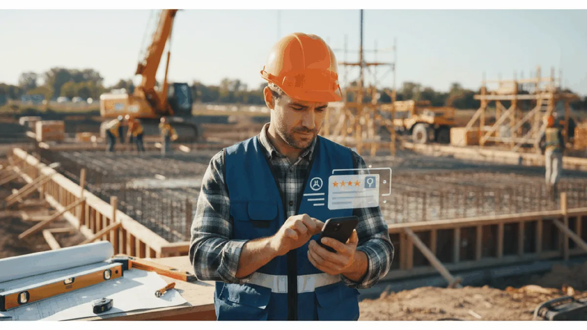 Charlotte contractor using phone to post Google Business Profile update on construction site