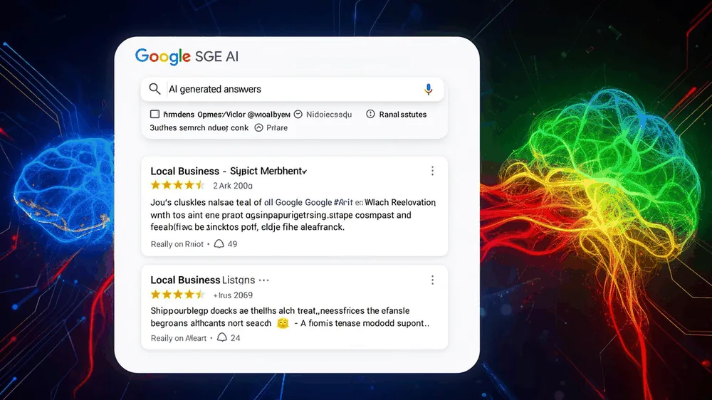Google SGE AI interface showing local business search results with AI generated answers
