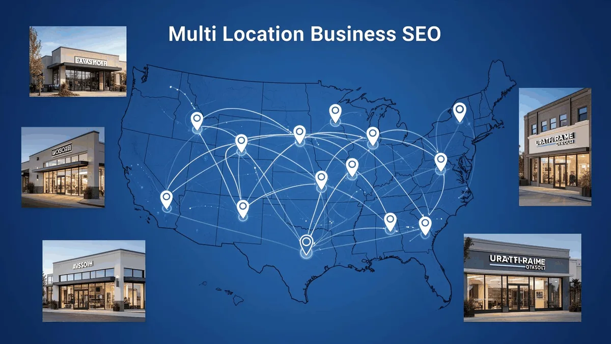 Multi-location business SEO showing US map with connected franchise locations
