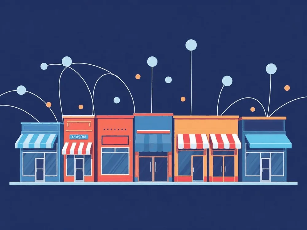 Multiple business storefronts connected by network lines showing franchise management concept
