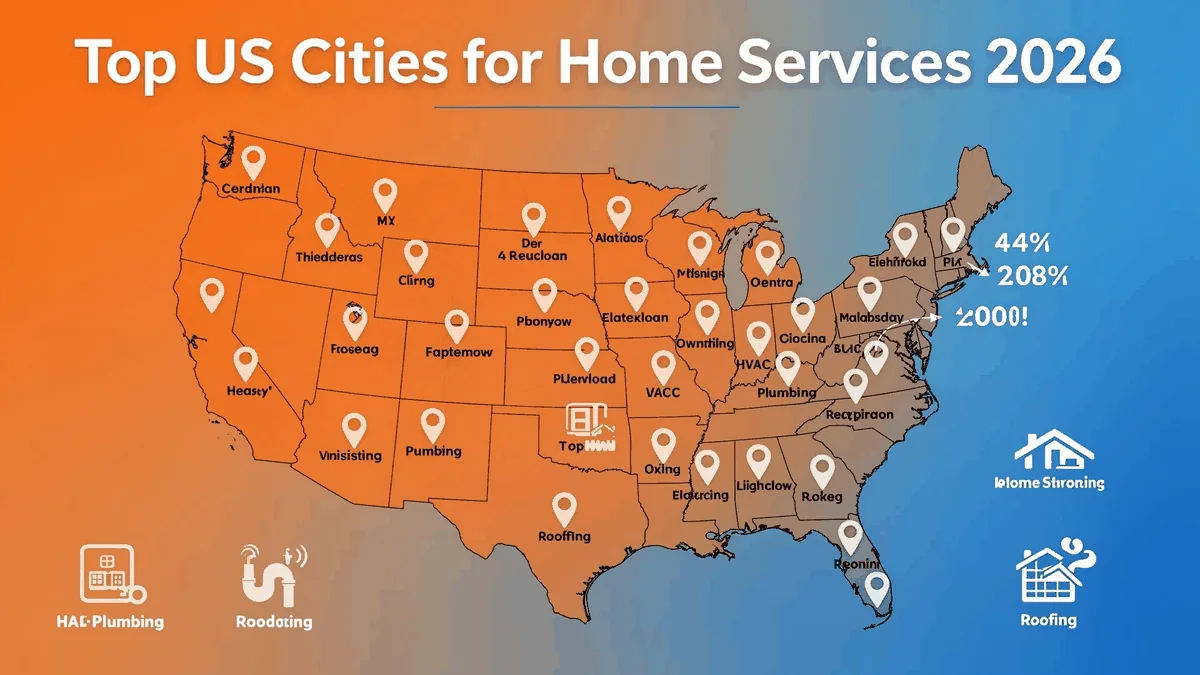 U.S. map highlighting top cities for home service businesses in 2026
