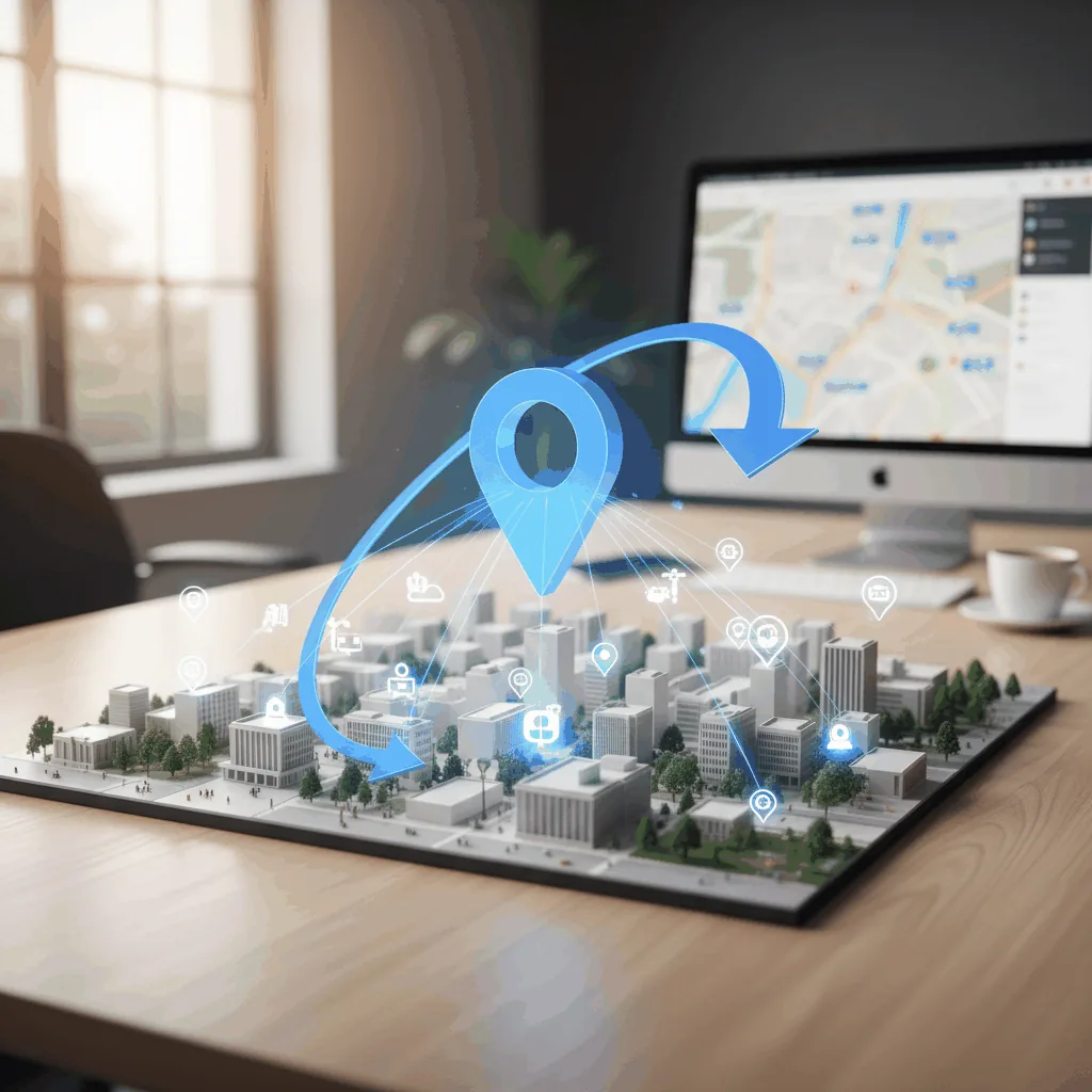 3D city model with location pins showing Google Maps local business optimization