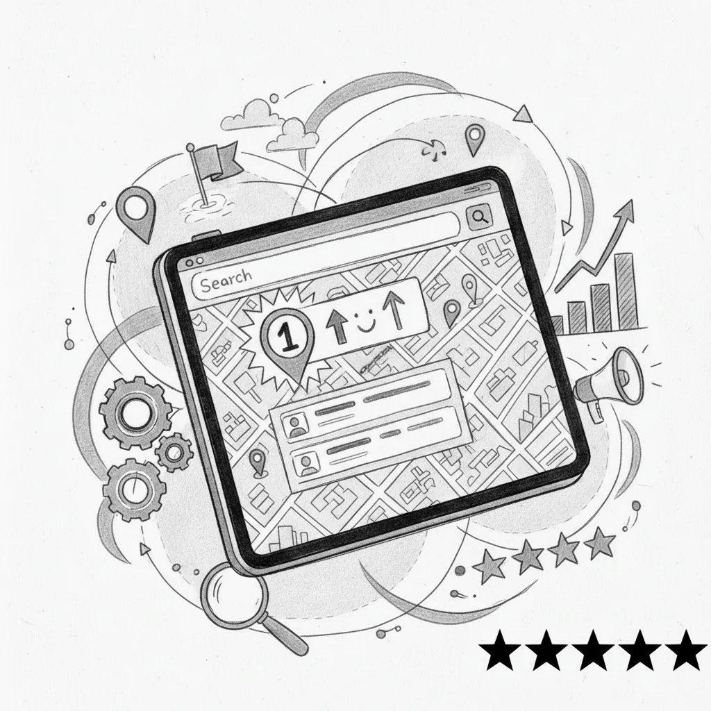 Sketch illustration of Google Maps search results and local business ranking factors