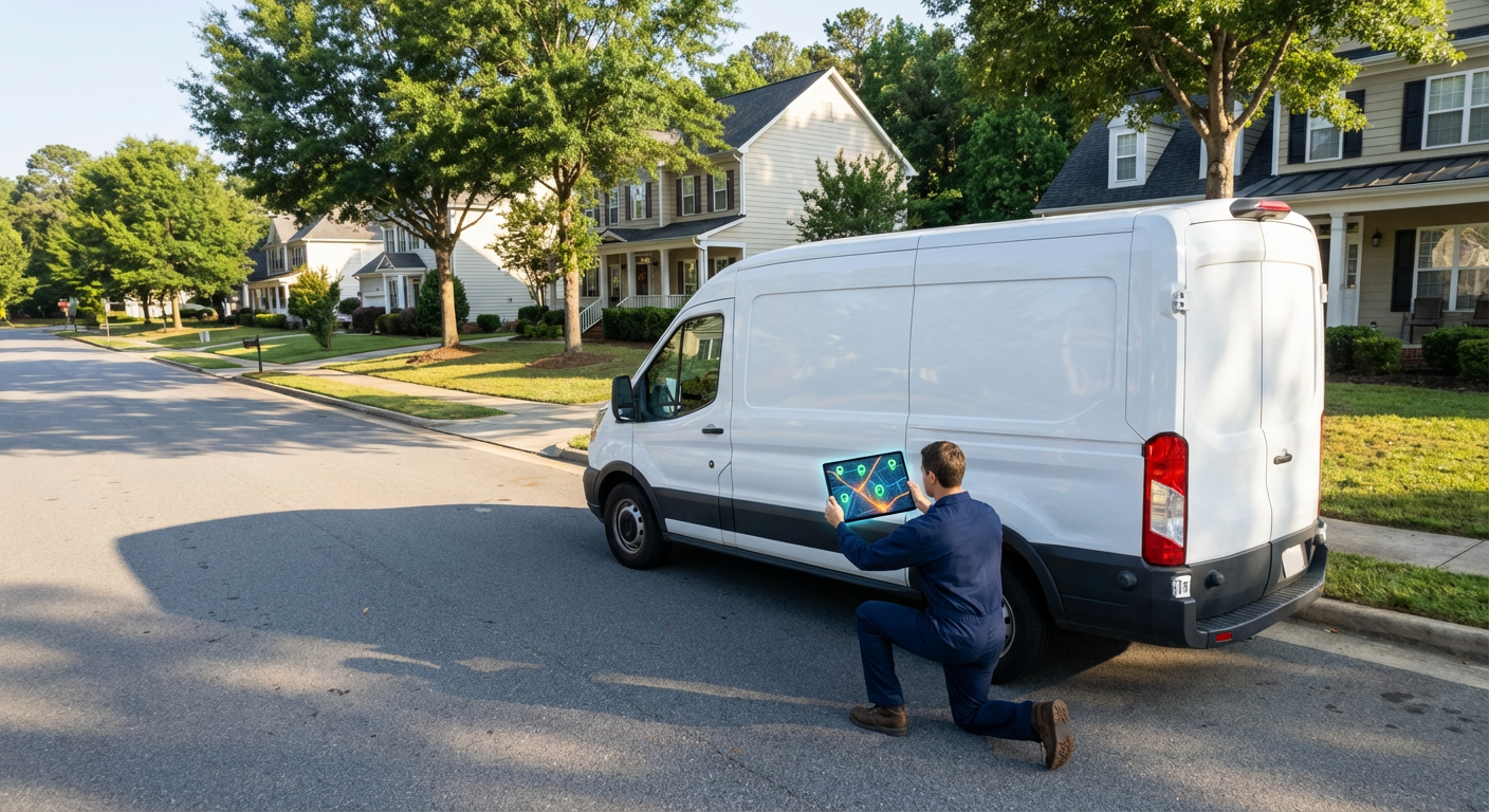 Plumber on computer screen showing Google Business Profile local SEO success in Raleigh.